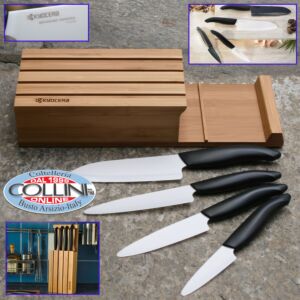 Kyocera - 4-knife set white ceramic blade with bamboo knife block holder 