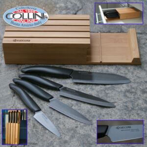 Kyocera - Black Ceramic 4 Knife Set + Bamboo Knife Block - Kitchen Knives
