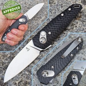 Anso of Denmark - Aros Folder Button Lock - Stonewashed RWL34 & Carbon Fiber - PRIVATE COLLECTION - knife