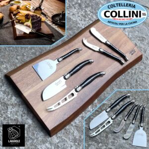 Laguiole Style de Vie - Gift idea Premium Line 5 Cheese knives Black with serving board Acacia wood